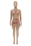 Pink Fashion Sexy Print Hollowed Out Backless Halter Sleeveless Dress