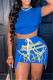 Blue Fashion Sexy Print Asymmetrical O Neck Short Sleeve Two Pieces
