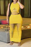 Burgundy Sexy Solid Ripped O Neck Sleeveless Two Pieces