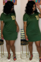 Green Fashion Casual Black Grey Green Dark Blue Cap Sleeve Short Sleeves O neck Step Skirt Knee-Length Solid Dresses