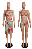 Red Fashion Sexy Print Bandage Hollowed Out Beach Swimwear Set
