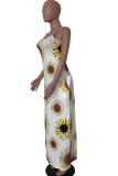 White Fashion Street White Brown Yellow Spaghetti Strap Sleeveless V Neck Pencil Dress Floor-Length Print Floral Animal Dresses