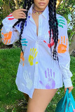 White Casual Print Patchwork Buckle Shirt Collar Tops