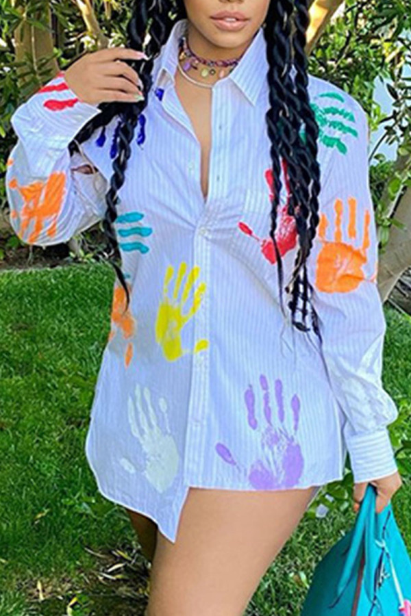 White Casual Print Patchwork Buckle Shirt Collar Tops