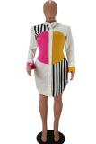 White Casual Sexy Fashion Cap Sleeve Long Sleeves Turndown Collar A-Line Knee-Length Patchwork P