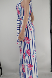 Colorful Blue Sexy Print Patchwork Spaghetti Strap Straight Dresses