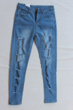 Dark Blue Fashion Casual Solid Ripped High Waist Jeans