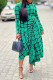 Green Fashion Casual Print Asymmetrical O Neck Long Sleeve Dresses