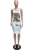 White Europe and America Street White Spaghetti Strap Sleeveless O neck Pencil Dress Knee-Length Print Dresses