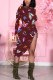 Wine Red Sexy Print Butterfly Print Patchwork O Neck Pencil Skirt Dresses