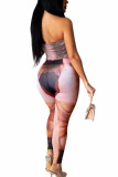 purple Fashion Sexy Adult Milk Fiber Print Patchwork Strapless Skinny Jumpsuits