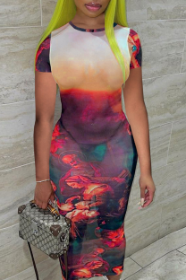 Red Sexy Print Patchwork O Neck Pencil Skirt Dresses