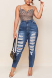 Dark Blue Sexy Solid Ripped Plus Size 