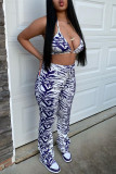 Blue Fashion Sexy Print Backless Halter Sleeveless Two Pieces