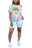 White Blue Yellow purple colour O Neck Short Sleeve Patchwork Print Character Tops