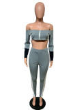 Grey Sexy England Patchwork Solid Straight Long Sleeve Two Pieces
