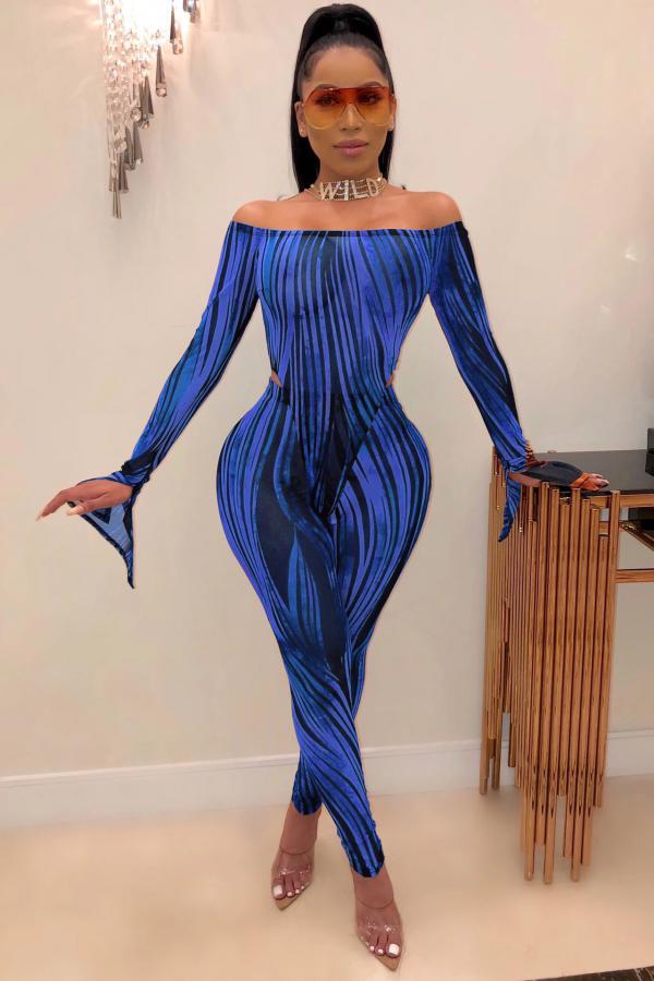 Blue Sexy Fashion adult Patchwork Two Piece Suits Striped Print pencil Long Sleeve