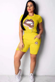 Red Fashion Active adult Ma'am Patchwork Print Two Piece Suits Lips Print pencil Short Sleeve Two Pieces