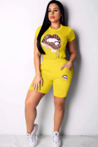 Yellow Fashion Active adult Ma'am Patchwork Print Two Piece Suits Lips Print pencil Short Sleeve Two Pieces