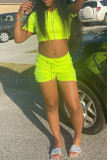 Fluorescent Green Fashion Casual Solid Basic Hooded Collar Short Sleeve Two Pieces