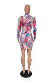 Multicolor Sexy Print O Neck Wrapped Skirt Dresses