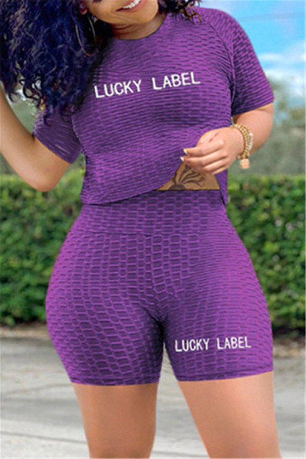 Purple Fashion Casual Letter Embroidered O Neck Short Sleeve Two Pieces