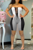 Blue Sexy Casual Patchwork Backless Strap Design Strapless Skinny Romper
