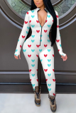 Red Casual Print Patchwork Zipper Collar Skinny Jumpsuits