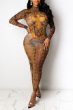 Red Yellow Sexy Print Mesh O Neck Pencil Skirt Dresses
