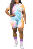 Blue Fashion Sexy adult Ma'am Tie Dye Two Piece Suits Straight Short Sleeve Two Pieces