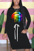 Black Fashion Casual Print Patchwork Draw String O Neck Printed Dresses