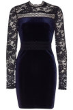 Blue Fashion Long Sleeves O neck Slim Dress Mini Patchwork Long Sleeve Dresses