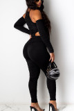 Black Fashion Sexy Adult Solid Fold Halter Skinny Jumpsuits