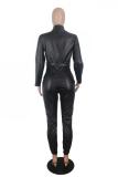 Brown Fashion Sexy Solid bandage zipper PU Long Sleeve Turndown Collar 