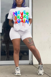White Fashion Casual adult Letter Patchwork Print Two Piece Suits Straight Short Sleeve Two Pieces