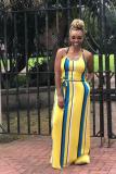 Yellow Sexy Fashion Spaghetti Strap Sleeveless Slip Straight Floor-Length Striped asymmetrical C