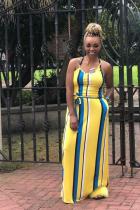Yellow Sexy Fashion Spaghetti Strap Sleeveless Slip Straight Floor-Length Striped asymmetrical C