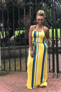 Yellow Sexy Fashion Spaghetti Strap Sleeveless Slip Straight Floor-Length Striped asymmetrical C