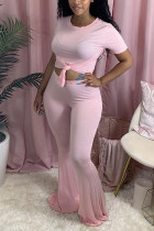 Pink Fashion Sexy adult Ma'am Solid Two Piece Suits Boot Cut Short Sleeve Two Pieces