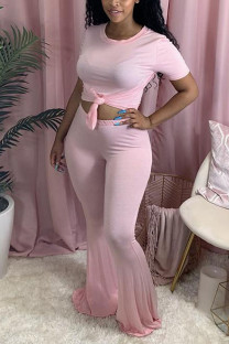 Pink Fashion Sexy adult Ma'am Solid Two Piece Suits Boot Cut Short Sleeve Two Pieces