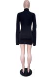 Black Fashion Sexy adult Bell sleeve Long Sleeves Turtleneck Step Skirt Mini split Patchwork Sol