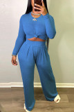 Blue Sexy Casual Solid Patchwork O Neck Long Sleeve Two Pieces