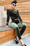 Red Velvet Lightly cooked Fashion adult Solid Two Piece Suits pencil Long Sleeve Two-piece Pants Set