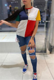 Blue Fashion Casual Patchwork Basic O Neck T-Shirts