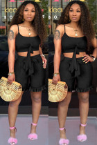 Black Fashion Sexy Solid Two Piece Suits Slim fit asymmetrical Regular Sleeveless Two-Piece Sho