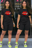 Red Fashion Casual adult Ma'am Print Two Piece Suits Lips Print Straight Short Sleeve Two Pieces
