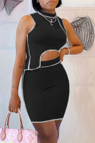 Black Sexy Casual Solid Patchwork Asymmetrical Half A Turtleneck Sleeveless Two Pieces