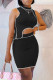 Black Sexy Casual Solid Patchwork Asymmetrical Half A Turtleneck Sleeveless Two Pieces