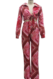 Red Sexy Print Patchwork V Neck Long Sleeve Two Pieces