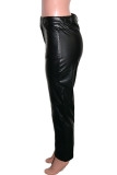 Black Sexy Solid Patchwork Without Belt Straight Bottoms